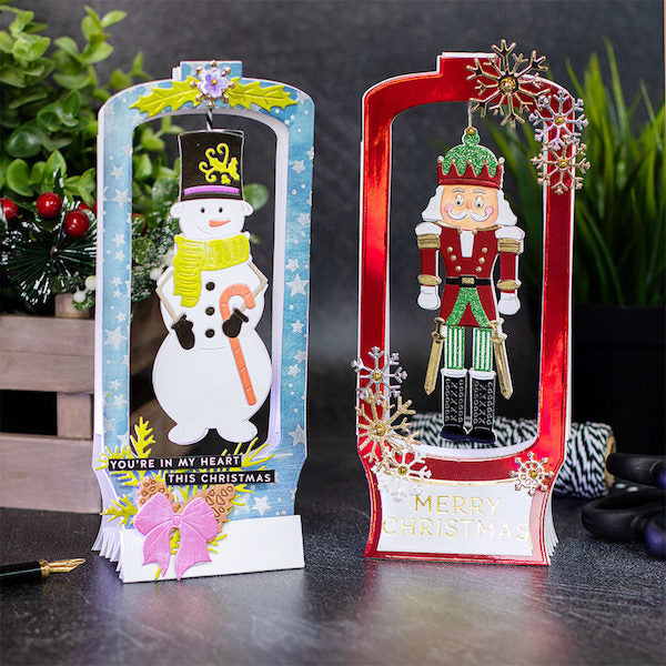 Slimline Snow Globe Pop Up Cards That Spin + Nutcracker & Snowman