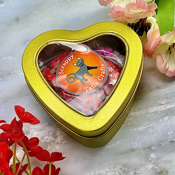 Special Gold Heart Tin With Red and Pink Embellishment Mixes